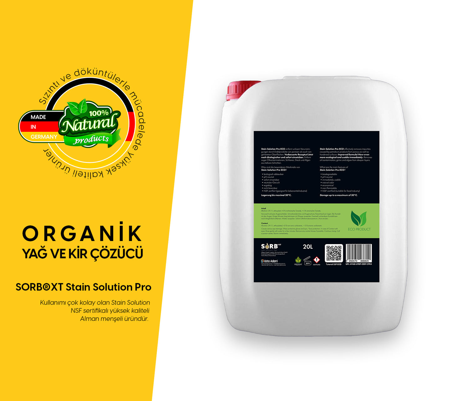 SORB®XT Stain Solution Pro / Eco - Organik Yağ ve Akaryakıt Leke Çözücü 20 LT