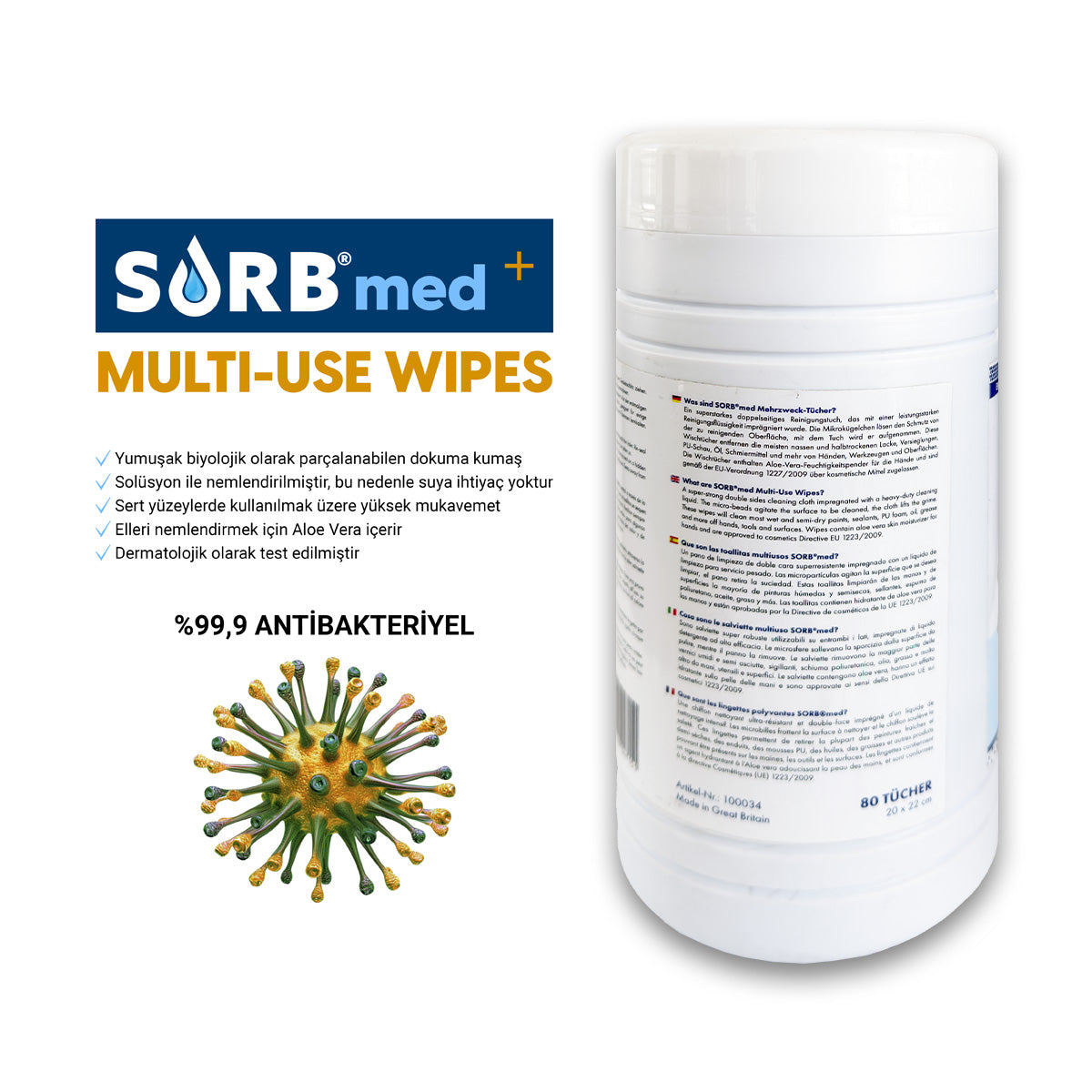 SORB®med Mulipurpose Wipes - Çok Amaçlı Antibakteriyel Yağ ve Kir Mendili